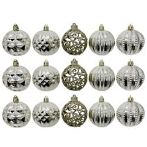 Kit 15 Bolas Natal Luxo Champanhe Textura Metalizada e Arabesco Glitter Vazado 6cm
