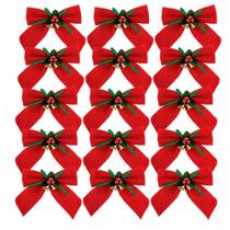 Kit 15 Laços Vermelho Aveludado Decorado Mini Sinos Dourado 11x11cm - Magizi