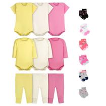 Kit 15 Peças Body Calça Mijão e Meias para Bebê Algodão Feminino