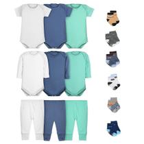 Kit 15 Peças Body Calça Mijão e Meias para Bebê Algodão Masculino
