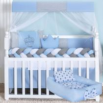 Kit 15 peças Protetor Berço Americano com Ninho Redutor Coroa Azul Principe Menino