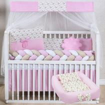 Kit 15 peças Protetor Berço Americano com Ninho Redutor Doce de bebê Rosa Floral Jardim para Menina Kit 15 peças Protetor Berço Americano com Ninho Redutor Doce de bebê Rosa Floral Jardim para Menina
