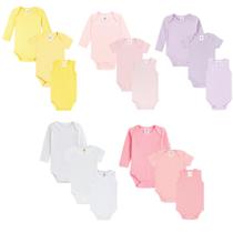 Kit 15 peças Roupa Bebê 5 Body Manga Longa 5 Body Manga Curta 5 Regata Liso Canelado