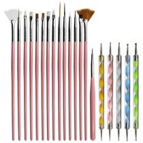 Kit 15 Pincéis Decoração de Unhas + 5 Boleadores Ponta Dupla Para Unhas de Gel