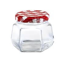 Kit 15 Potes de Vidro Sextavado 170ml Multiuso Tampa Xadrez Vermelha Kit 15 Potes de Vidro Sextavado 170ml Multiuso Tampa Xadrez Vermelha