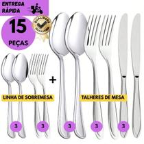 Kit 15 Talheres Inox Jogo Completo Aço Inoxidável, Faca, Colher, Garfo, Colher e Garfo Sobremesa Kit 15 Talheres Inox Jogo Completo Aço Inoxidável, Faca, Colher, Garfo, Colher e Garfo Sobremesa