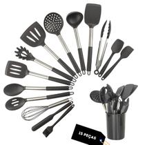 Kit 15 Utensílios De Cozinha Com Cabo De Inox E Silicone - Albha