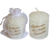 Kit 15 Velas de Lembrancinha de Eucaristia, já embaladas em organza, perfumadas delicadamente com rosa branca, de Primeira Comunhão, católica.