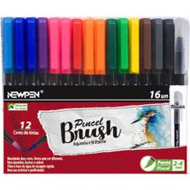 Kit 16 Canetas Newpen Pincel Brush Cores 12 Cores