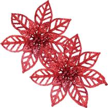 Kit 16 Flores Vermelha Gliter Decoração árvore De Natal 14cm Kit 16 Flores Vermelha Gliter Decoração árvore De Natal 14cm