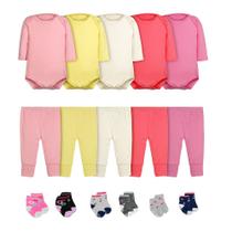 Kit 16 Peças Body Bebê Manga Longa Calça Mijão e Meias Feminino