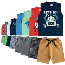 Kit 16 Peças de Verão Calor Infantil com Shorts Bermudas e Regatas Masculinos 8 Conjuntos