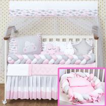 Kit 16 peças Protetor Berço + Ninho Trança Completo Chuva de Amor Nuvem Rosa