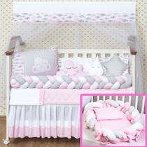 Kit 16 peças Protetor Berço + Ninho Trança Completo Chuva de Amor Nuvem Rosa