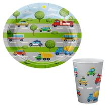 Kit 16 Pratos 16 Copos de Papel Festa Aniversário Carrinho