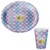 Kit 16 Pratos 16 Copos de Papel Festa Aniversário Sereia