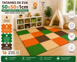 Kit 16 Tatames Tapetes EVA 50x50x1cm 10mm CREME e VERDE e MARROM e LARANJA