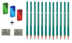 Kit 17 peças 3 Apontadores com Coletor Vertical + 12 Lápis Preto N.º2 Bic + 2 Borrachas Brancas