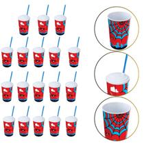 Kit 18 Copo de Plástico 550 ML Herói Homem Aranha Com Canudo Kit 18 Copo de Plástico 550 ML Herói Homem Aranha Com Canudo
