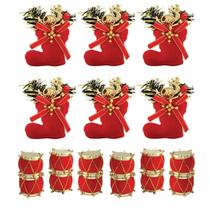 Kit 18 Mini Enfeites Natal Tambor e Botinha Instrumento Veludo Vermelho e Dourado 3cm - Magizi