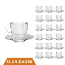 Kit 18 Xícaras Café e Chá Vidro 90mL C/ Pires Transparente