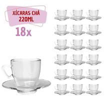 Kit 18 Xícaras Chá Vidro 220mL C/ Pires Moderna Transparente