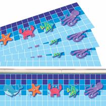 Kit 19 Adesivos Piscina Azulejo Quadriculado Azul Animais 100x20cm