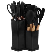 Kit 19 Pç Silicone Cabo Madeira Facas Tábua Pote Organizador COR:PRETA