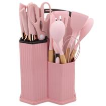 Kit 19 Pç Silicone Cabo Madeira Facas Tábua Pote Organizador COR:ROSA