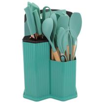 Kit 19 Pç Silicone Cabo Madeira Facas Tábua Pote Organizador