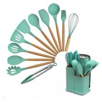 Kit 19 Peças De Cozinha Silicone Cabo Madeira E Jogo Faca