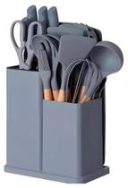 Kit 19 Utensilios Cozinha Silicone Cabo De Madeira