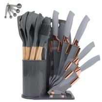 Kit 19 Utensílios De Cozinha Com Cabo De Madeira E Silicone