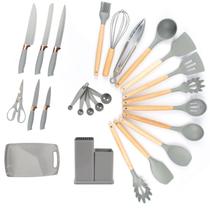 Kit 19 Utensílios De Cozinha Com Cabo De Madeira E Silicone