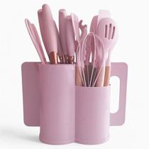Kit 19 Utensílios de Silicone com Porta Talheres Oval Rosa