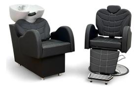 Kit 1Cadeira Barbeiro Hidráulico 1 Lavatório Cuba Porcelana Preto Acetinado