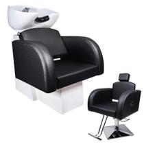 KIT 1Cadeira Reclinável Base Quadrada 1 Lavatório Cuba porcelana Estofado Preto