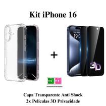 Kit 1UN Capa Anti Impactos + 2UN Pelicula Privativa 3D Anti Espião para Iphone 16 16 PRO 16 PRO MAX 16 PLUS Kit 1UN Capa Anti Impactos + 2UN Pelicula Privativa 3D Anti Espião para Iphone 16 16 PRO 16 PRO MAX 16 PLUS
