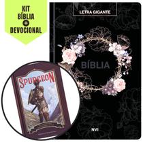 Kit 2: 1 Bíblia Flores Preta Pão Diário Sagrada Letra Gigante + 1 Devocional Spurgeon Por Dayse Fontoura