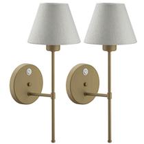 Kit 2 Abajures de Parede Dourados com Interruptor Arandelas Internas Tecido Natural Quartos Cabeceiras