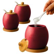 Kit 2 Açucareiro Saleiro De Cerâmica Com Tampa De Bambu E Colher 250ml Kit 2 Açucareiro Saleiro De Cerâmica Com Tampa De Bambu E Colher 250ml