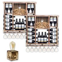 Kit 2 Adegas e Barzinho de Parede em Madeira Maciça para 15 Garrafas com Porta Rolhas e Taças Com Brinde Luminária Kit 2 Adegas e Barzinho de Parede em Madeira Maciça para 15 Garrafas com Porta Rolhas e Taças Com Brinde Luminária