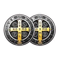Kit 2 Adesivos Medalha de São Bento Cruz Sagrada Aço e Ouro 10cm