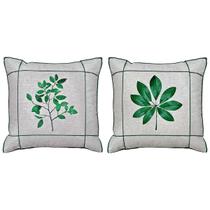 Kit 2 Almofadas De Linho Folhagens Flor Verde Drapeada 45x45