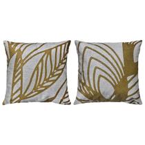 Kit 2 Almofadas De Linho Geometria E Folhagem Mostarda 45x45
