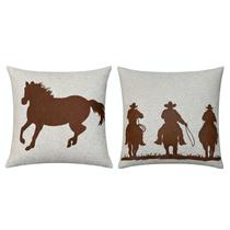 Kit 2 Almofadas Linho Aplique Couro Cavalo Cavaleiros 50x50 Kit 2 Almofadas Linho Aplique Couro Cavalo Cavaleiros 50x50