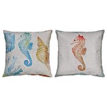 Kit 2 Almofadas Linho Cavalo Marinho Concha Coral Alga 45x45