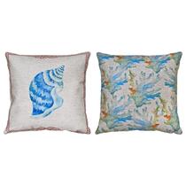 Kit 2 Almofadas Linho Cavalo Marinho Concha Coral Alga 45x45 Kit 2 Almofadas Linho Cavalo Marinho Concha Coral Alga 45x45