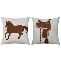 Kit 2 Almofadas Linho Com Aplique De Couro Cavalo Sela 50x50 Kit 2 Almofadas Linho Com Aplique De Couro Cavalo Sela 50x50