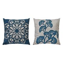 Kit 2 Almofadas Linho Com Bouclé Mandala Flores Azul 50x50 Kit 2 Almofadas Linho Com Bouclé Mandala Flores Azul 50x50